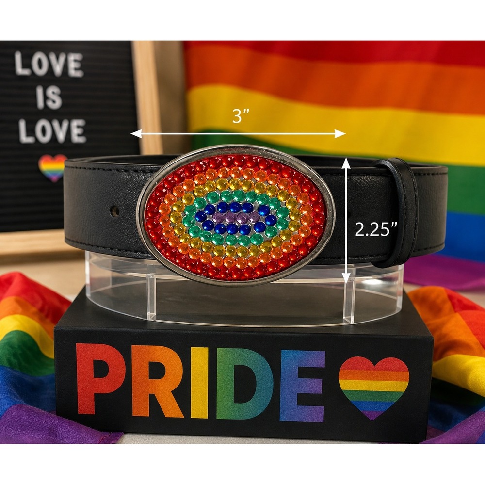 Rainbow‎ Rhinestone PRIDE Belt Buckle Silver Toned Oval Western LGBTQ Statement